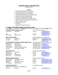 COOK INLET ALASKA -- ICWA CONTACT LIST February 3, 2012 Contents A. Federally Recognized Tribes of Cook Inlet Alaska B. Local ANCSA Corporations within Cook Inlet Alaska C. ANCSA Regional Corporation, Cook Inlet Region