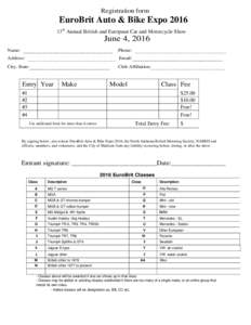 Registration form  EuroBrit Auto & Bike Expo 2016 13th Annual British and European Car and Motorcycle Show  June 4, 2016