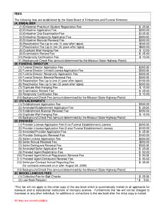 FEES The following fees are established by the State Board of Embalmers and Funeral Directors: (A) EMBALMER (1) Embalmer Practicum Student Registration Fee (2) Embalmer Application Fee (3) Embalmer Oral Examination Fee