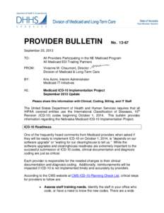 PROVIDER BULLETIN  No[removed]September 25, 2013 TO: