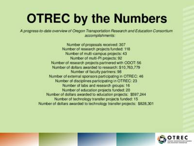 OTREC by the Numbers A progress-to-date overview of Oregon Transportation Research and Education Consortium accomplishments: Number of proposals received: 307 Number of research projects funded: 118 Number of multi-campu