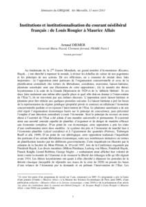 Séminaire du GREQAM, Aix Marseille, 11 mars[removed]Institutions et institutionnalisation du courant néolibéral français : de Louis Rougier à Maurice Allais Arnaud DIEMER Université Blaise Pascal, Clermont-ferrand, P