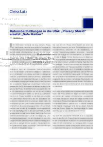 MANDANTENINFORMATION  Datenübermittlungen in die USA: „Privacy Shield“ ersetzt „Safe Harbor“ 12. Juli 2016
