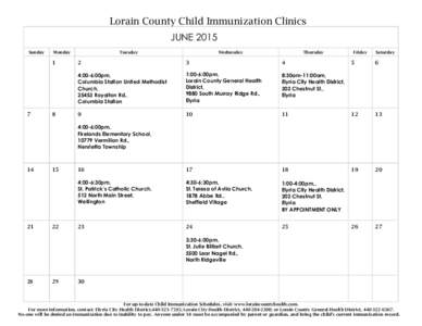 Lorain County Child Immunization Clinics JUNE 2015 Sunday Monday