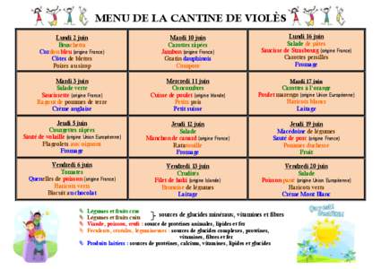 MENU DE LA CANTINE DE VIOLÈS Lundi 2 juin Bruschetta Cordon bleu (origine France) Côtes de blettes Poires au sirop