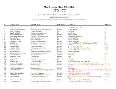 Maré Island Bird Checklist Loyalty Group35s48e Compiled by Michael K. Tarburton, Pacific Adventist University, PNG. [You are welcome to communicate, just re-type above address into your e-mail program] #