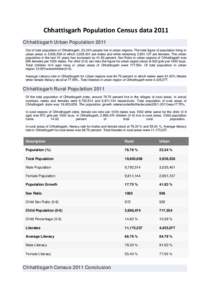 Chhattisgarh Population Census data 2011 Chhattisgarh Urban Population 2011 Out of total population of Chhattisgarh, 23.24% people live in urban regions. The total figure of population living in urban areas is 5,936,538 