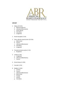 URINARY 1. Kidney[removed]%) a. Masses/syndrome b. Infection/inflammation c. Cystic disease d. Hereditary