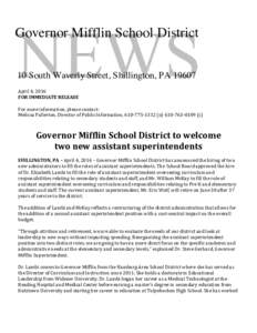 NEWS  Governor Mifflin School District 10 South Waverly Street, Shillington, PAApril	
  4,	
  2016	
  