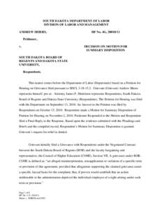 SOUTH DAKOTA DEPARTMENT OF LABOR DIVISION OF LABOR AND MANAGEMENT ANDREW SHIERS, HF No. 4G, [removed]