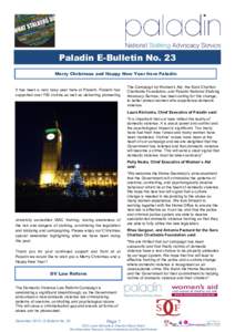 Paladin E-Bulletin No. 23 Merry Christmas and Happy New Year from Paladin It has been a very busy year here at Paladin. Paladin has supported over 700 victims as well as delivering pioneering