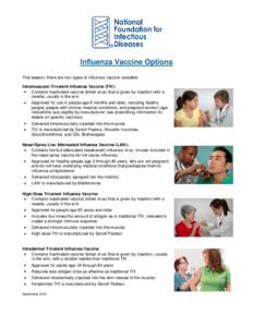 Influenza Vaccine Options This season, there are four types of influenza vaccine available. Intramuscular Trivalent Influenza Vaccine (TIV): Contains inactivated vaccine (killed virus) that is given by injection with a n