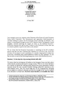 From: THE LORD GRENFELL Chairman of the Select Committee on the European Union COMMITTEE OFFICE HOUSE OF LORDS LONDON SW1A 0PW