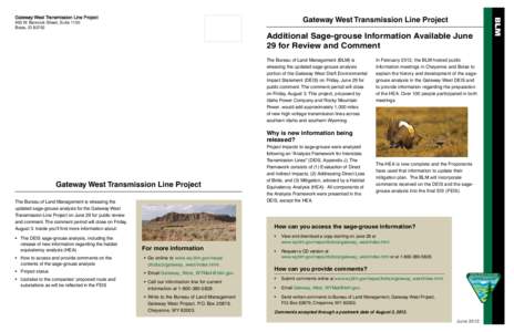 Gateway West Transmission Line Project  950 W. Bannock Street, Suite 1100 Boise, ID[removed]Additional Sage-grouse Information Available June