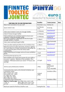 TIMETABLE FOR THE FAIR PREPARATIONS Make hotel reservations for your staff Space rental is due Order extra Invitation Cards and through FairNet Order E-Tickets through FairNet Order printing to your Invitation Cards to e