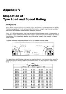 Appendix V Inspection of Tyre Load and Speed Rating Background Road wheels and tyres are vital to a vehicles safety. Since 1971, Australian Design Rules (ADRs) have been progressively introduced to specify wheel and tyre