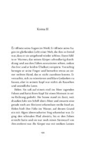 Koma II  Er öffnete seine Augen im Weiß. Er öffnete seine Augen im gleißenden Licht einer Welt, die ihm so fremd war, dass er sie umgehend wieder schloss. Dann fühlte er Warmes, das seinen Körper schwallartig durch