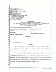 California Bureau of Electronic and Appliance Repair, Home Furnishings and Thermal Insulation - Terry Olgin Statement of Issue Pending