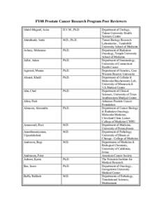 FY08 Prostate Cancer Research Program Peer Reviewers