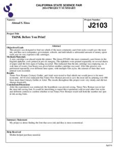 CALIFORNIA STATE SCIENCE FAIR 2014 PROJECT SUMMARY Name(s)  Ahmad S. Eissa