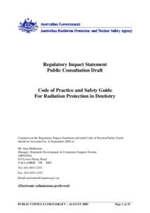 Code of Practice and Safety Guide for Radiation Protection in Dentistry - Regulatory Impact Statement - Public Cinsultation Draft