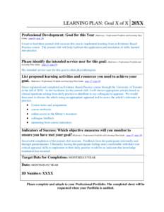 LEARNING PLAN: Goal X of X 20XX Professional Development: Goal for this Year (Reference: Professional Portfolio and Learning Plan Guide: page16; page 28) I want to lead three journal club sessions this year to implement 