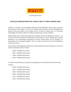 Communiqué de Presse  NOUVELLES HOMOLOGATIONS POUR LE PIRELLI P ZERO ET LE PIRELLI SCORPION VERDE Villepinte, 12 mai 2015 – Des pneumatiques Pirelli Ultra Haute Performance ont été conçus sur mesure pour le dernier