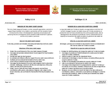 The Army Cadet League of Canada National Policies and Directives Policy 3.1 A  La Ligue des cadets de l’Armée du Canada