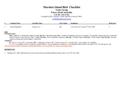 Marsden Island Bird Checklist Yorke Group Torres Strait Australia50s46e Compiled by M.K. Tarburton, Pacific Adventist University, PNG.