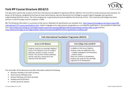 York IFP Course StructureThis document outlines the structure of the York International Foundation Programme (IFP) forThe York IFP currently comprises two elements: An Access to HE Diploma, validated b