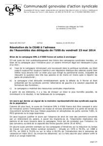 à l’intention des délégués de l’USS du vendredi 23 mai 2014 Notre réf[removed]CoT  re7412