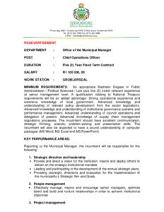 READVERTISEMENT DEPARTMENT :  Office of the Municipal Manager