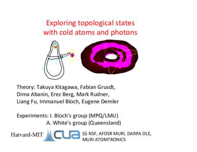 Exploring	
  topological	
  states	
  	
   with	
  cold	
  atoms	
  and	
  photons	
   Theory:	
  Takuya	
  Kitagawa,	
  Fabian	
  Grusdt,	
   Dima	
  Abanin,	
  Erez	
  Berg,	
  Mark	
  Rudner,	
  	
