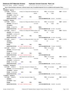 Oklahoma DOT Materials Division  Hydraulic Cement Concrete Plant List Data List ID: 11067cp