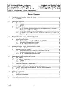 NC DMA: 8-I, Psychological Services Provided by Health Departments and School-Based Health Centers to the Under 21 Population