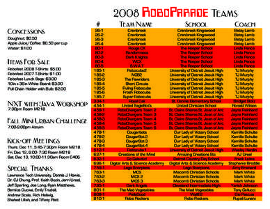 2008 RoboParade Teams Concessions Doughnut: $0.50 Apple Juice/Coffee: $0.50 per cup Water: $1.00