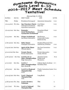 (Revised July 15, 2016) DATE(S) DAY(S)  MEET NAME