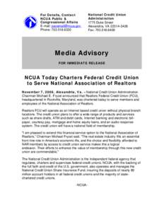 Media Advisory - NCUA Today Charters Federal Credit Union to Serve National Association of Realtors