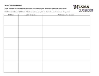 State of the Union Handout Article. II. Section. 3.: “He shall from time to time give to the Congress Information of the State of the Union” Watch President Obama’s 2015 State of the Union address, complete the cha