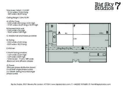 Big Sky Studios Total Area: 140m² / 1,515ft² - 9.1m wide x 15.4m long - 30ft wide x 50.5ft long