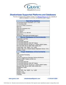 Shadowbase Supported Platforms and Databases This list is constantly being updated. Contact us at [removed] for availability of additional database, environment, and operating system support. Operating Systems