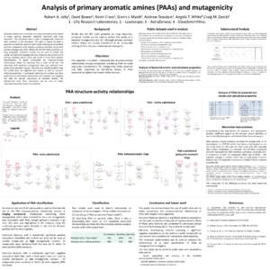 Analysis of primary aromatic amines (PAAs) and mutagenicity Robert A. Jolly1, David Bower2, Kevin Cross2, Glenn J. Myatt2, Andrew Teasdale3, Angela T. White4,Craig M. Zwickl1 1 - Lilly Research Laboratories; 2 – Leadsc
