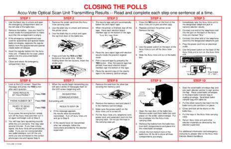 CLOSING THE POLLS Accu-Vote Optical Scan Unit Transmitting Results -- Read and complete each step one sentence at a time. STEP 1 1. Use the black key to unlock and open the emergency compartment door on the left side of 