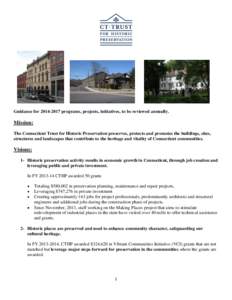 Guidance forprograms, projects, initiatives, to be reviewed annually.  Mission: The Connecticut Trust for Historic Preservation preserves, protects and promotes the buildings, sites, structures and landscapes 