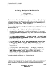 Knowledge Management: An Introduction  Knowledge Management: An Introduction Marc Demarest [removed]