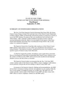 STATE OF NEW YORK OFFICE OF THE STATE INSPECTOR GENERAL Final Report September 27, 2012  SUMMARY OF FINDINGS/RECOMMENDATIONS