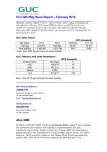 GUC Monthly Sales Report – February 2016 Hsinchu, Taiwan, March 7, GUC (TAIEX: 3443) today announced its net sales for February 2016 were NT$814 million, up 69.5% month-overmonth and increase 42.9% year-over-yea