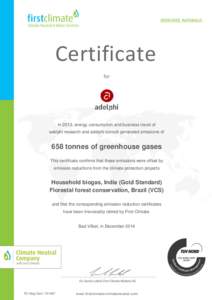 Certificate for In 2013, energy consumption and business travel of adelphi research and adelphi consult generated emissions of