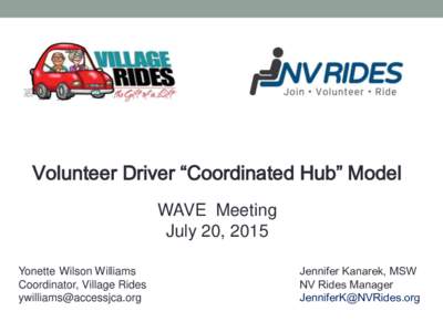 Volunteer Driver “Coordinated Hub” Model WAVE Meeting July 20, 2015 Yonette Wilson Williams Coordinator, Village Rides 