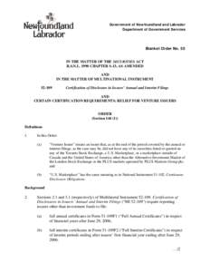 Government of Newfoundland and Labrador Department of Government Services Blanket Order No. 55  IN THE MATTER OF THE SECURITIES ACT